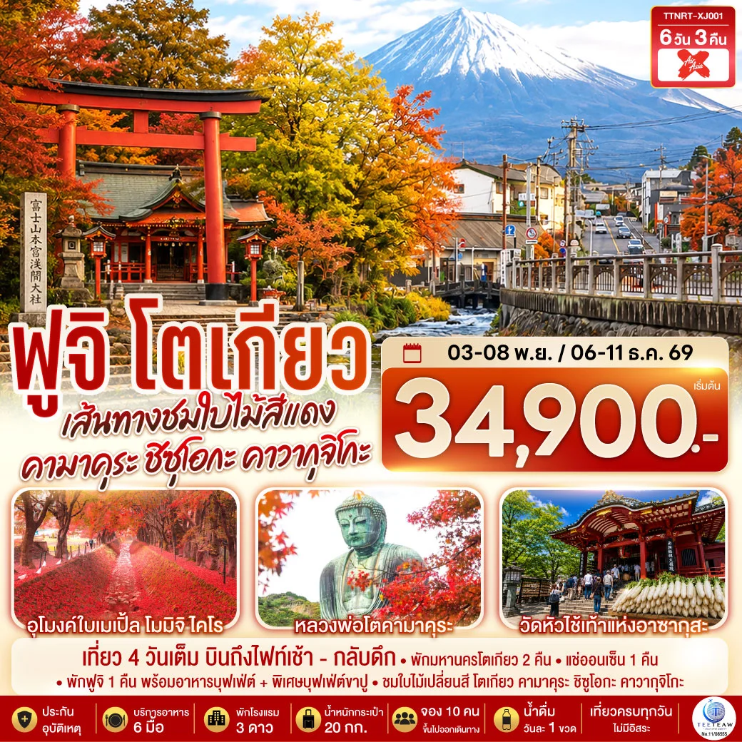 ทัวร์ญี่ปุ่น โตเกียว คามาคุระ ชิซุโอกะ คาวากุจิโกะ เส้นทางชมใบไม้สีแดง สู่ฟูจิ 6วัน 3คืน (XJ)